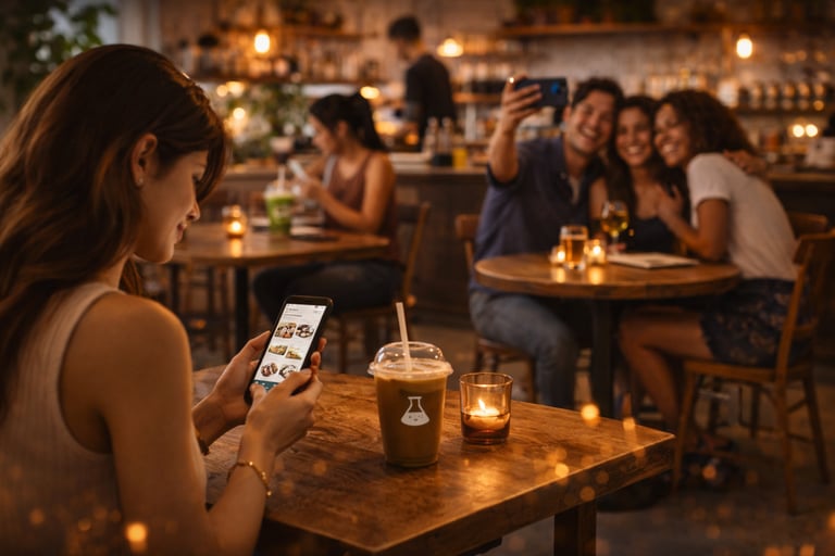 Female guest using mobile device at night bar environment illustrating customer engagement in venue