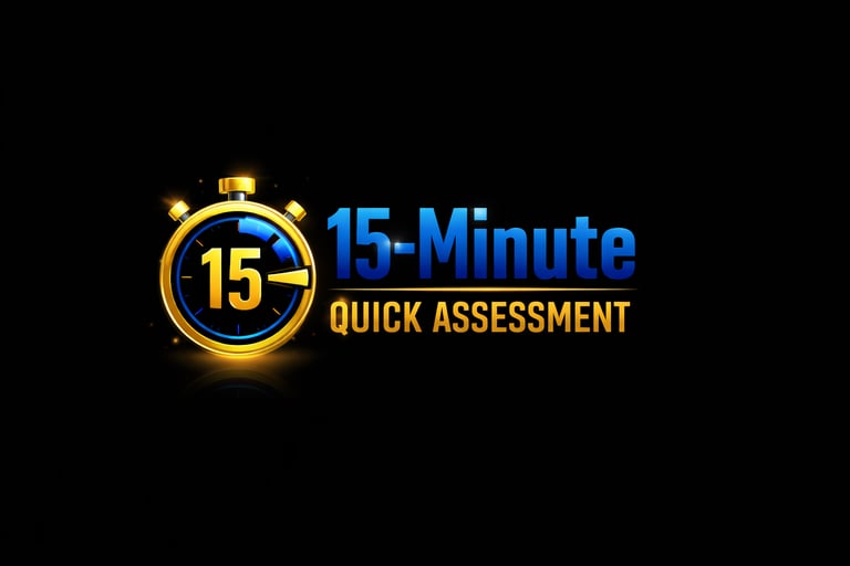15-minute quick assessment icon with stopwatch graphic on black background
