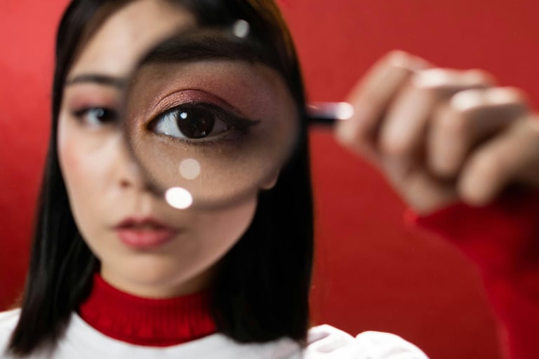 fekete hajú lány a nagyítón keresztül néz a kamerába