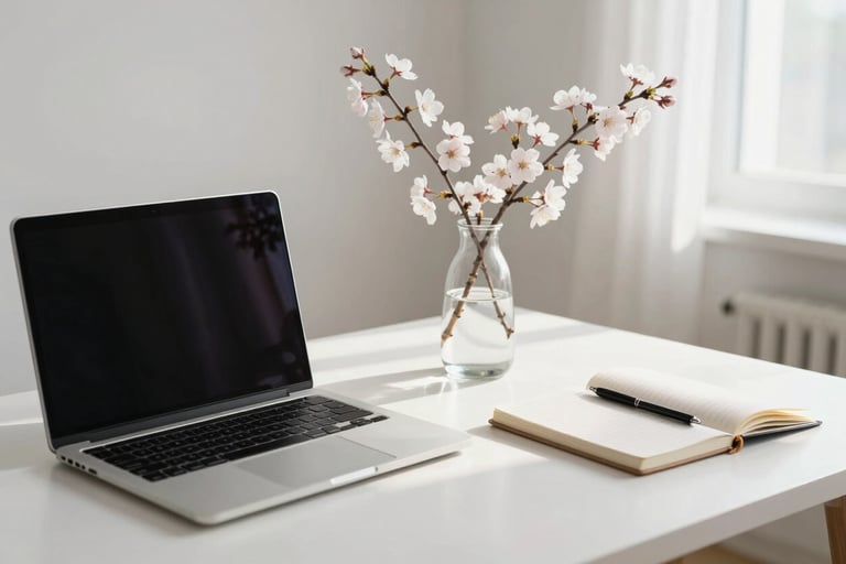 A minimalist home office setup with a sleek laptop, a linen notebook, and a delicate branch of cherry blossoms in a glass vase. Bright, soft morning light fills the room. Calm and elegant aesthetic. International / English-speaking professional context.