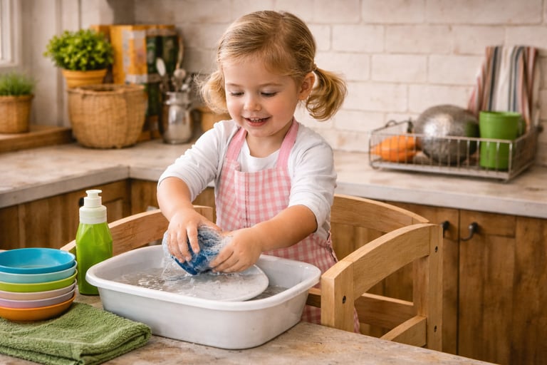 Bambina che asciuga una stoviglia in cucina stando su una torre di apprendimento, svolgendo un’attiv