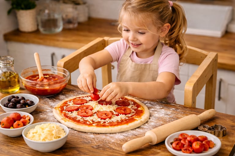 bambina su. una torre di apprendimento mentre prepara una pizza in cucina.