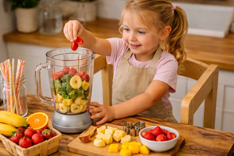Bambina su una torre d’apprendimento che prepara uno smoothie, aggiungendo frutta fresca.