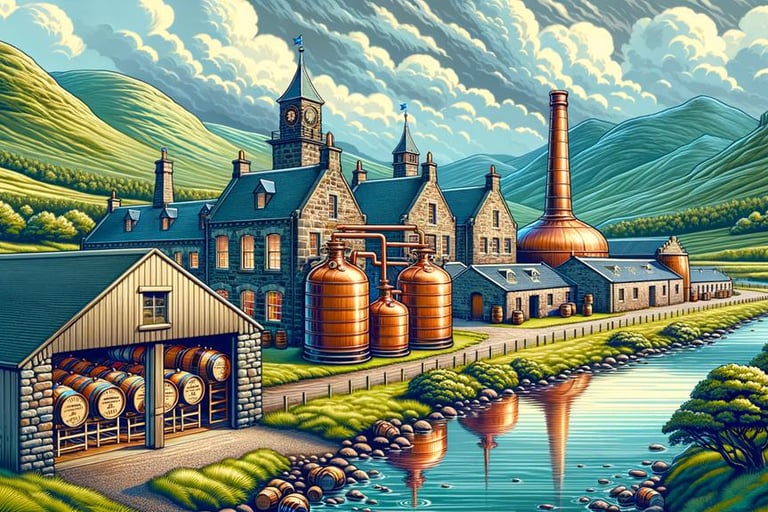 Traditional Scottish whiskey distillery with copper stills and aging barrels nestled in green highland hills.