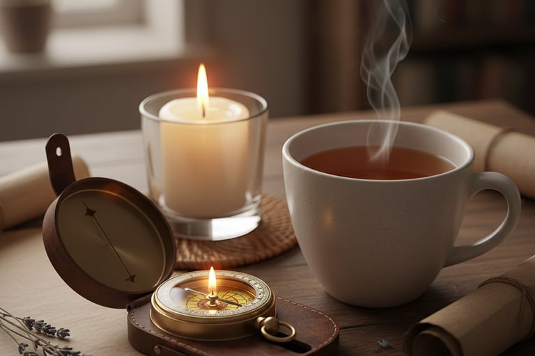 Bussola sopra scrivania con candela e tazza di tè