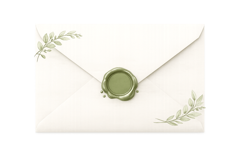 Elegant cream wedding envelope with botanical leaf illustrations and a sage green wax seal.