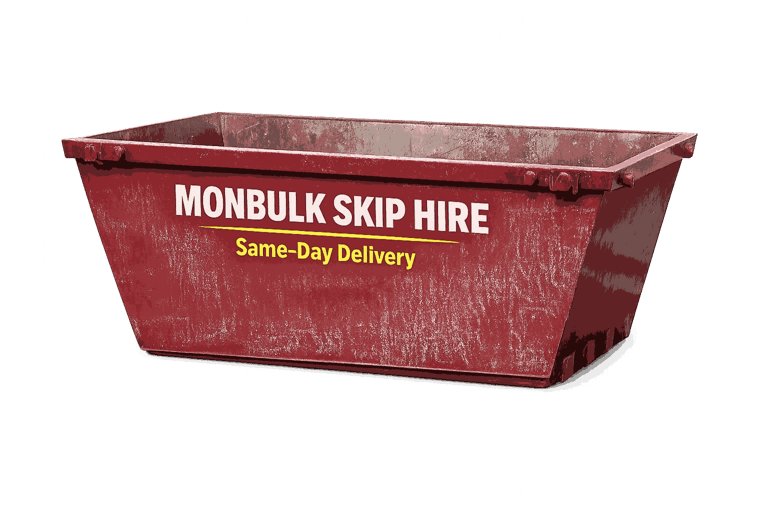 monbulk skip hire maroon skip bin with same day delivery written in yellow on the side