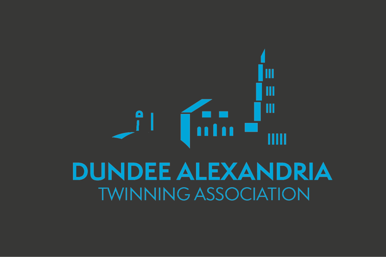 Dundee Alexandria Twinning Association logo featuring a blue skyline silhouette on a dark grey background.