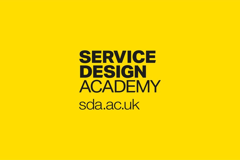 Service Design Academy logo with a yellow background, featuring 'SERVICE DESIGN ACADEMY' and 'sda.ac.uk' in black text.
