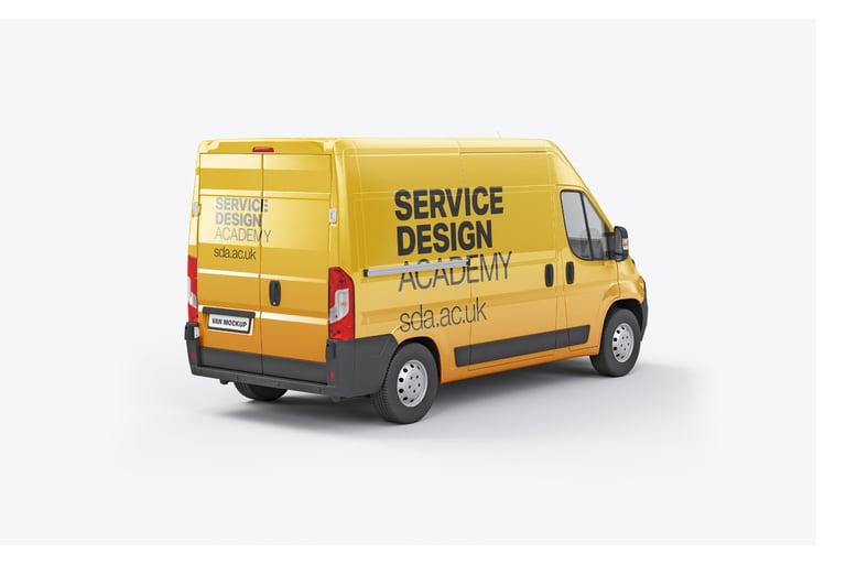 Yellow Service Design Academy commercial delivery van mockup with custom branding on a white background.