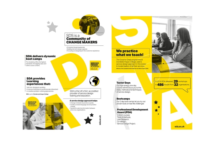 Service Design Academy brochure featuring professional development courses, boot camps, and yellow typography.