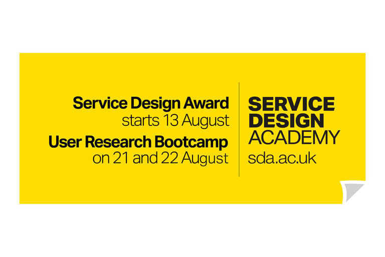 Service Design Academy announcement for Award and User Research Bootcamp in August.