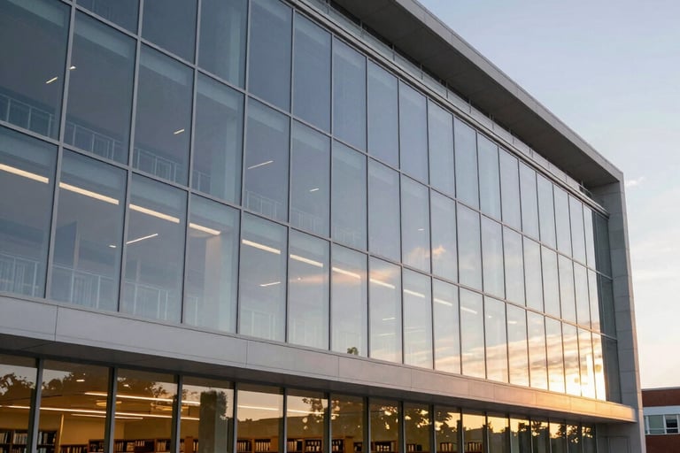 A sophisticated architectural photograph of a modern library and community hub, glass facade reflecting a sunset, clean geometric lines, North American setting, conveying progress and knowledge.