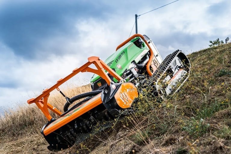 Green Climber F 23 Model mowing vegetation on steep hillside