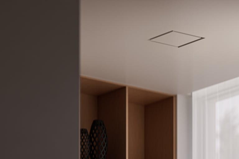 ERGOVENT KVADRO square frameless diffuser flush-mounted in gypsum ceiling of modern interior room