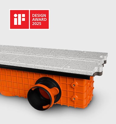 ERGOVENT LINEO PRO PUZZLE diffuser end view with iF Design Award 2025 badge showing orange plenum and gypsum face