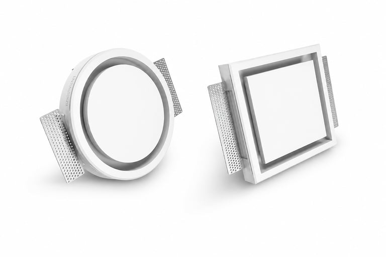 ERGOVENT RONDO and KVADRO concealed diffusers shown side by side, round and square white models with perforated side vanes