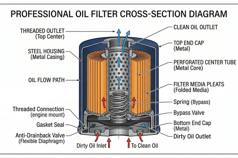 Oil filter internal structure showing filter media bypass valve anti-drainback valve steel housing technical diagram