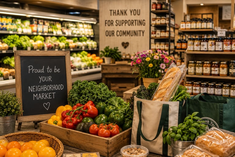 Fresh organic vegetables and groceries in a canvas bag at a local neighborhood market.
