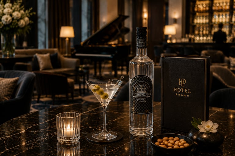 Premium vodka geserveerd in een elegante hotel lounge, met The House Pour Vodka als hoogwaardige keu