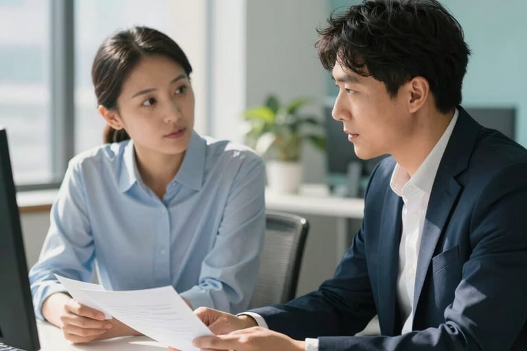 A high-end, bright professional office space in North American / US where two professionals are engaged in a calm, respectful discussion over documents, soft natural light, shades of light blue and teal in the decor.