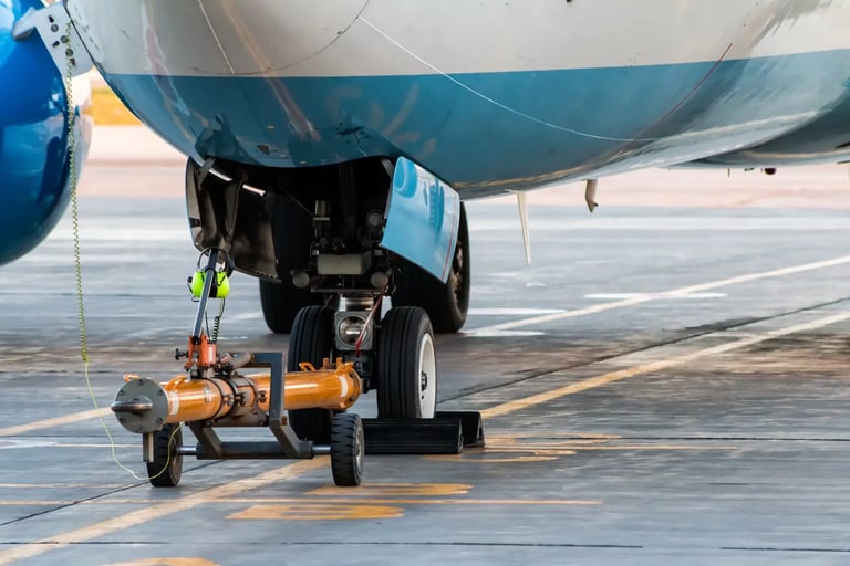 an airplane with a air compressor on the ground fill Jet Fuels & Gasoline