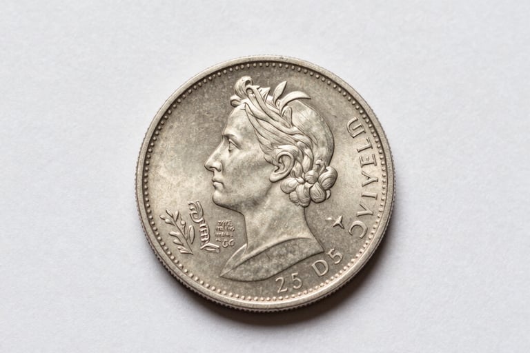 A clean, minimalist photography of a rare silver coin centered on an off-white background, soft shadows, capturing the metallic luster and professional presentation.