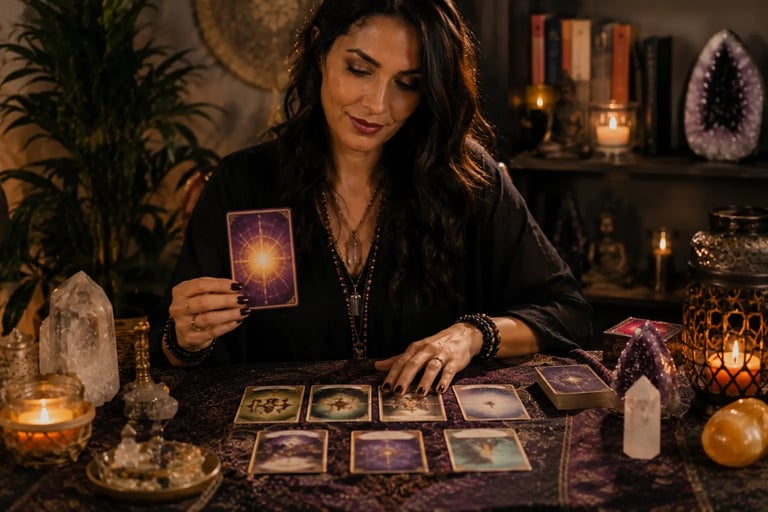 Cartas ilustradas na mesa para sessão de cartomante leitura carta de oráculos