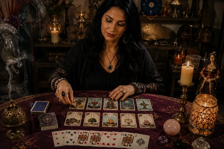 Diversos baralhos na mesa para jogo de cartomante tarot baralho cigano e cartas comus