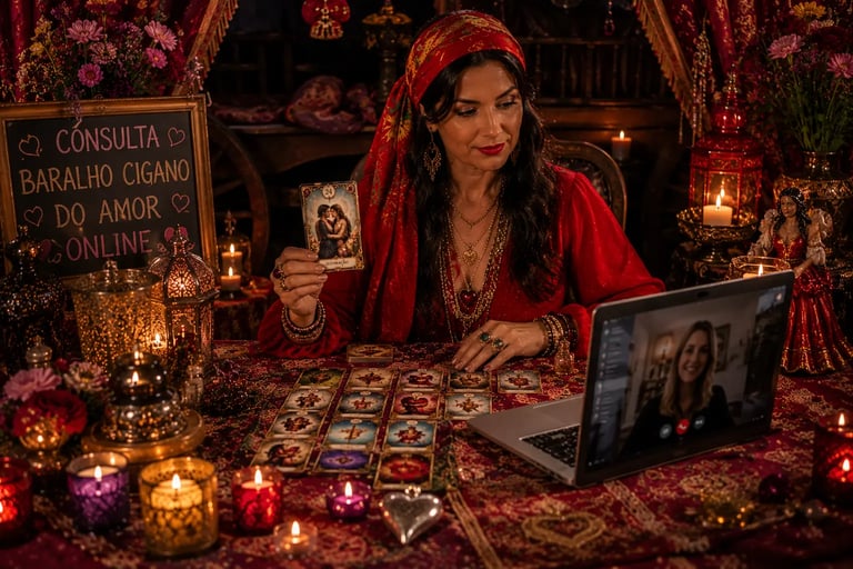 Cartas dispostas na mesa para consulta baralho cigano do amor online