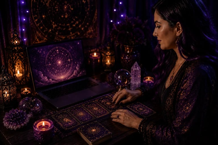 Cartas de tarot na mesa iluminada para consulta de tarot online 24 horas.