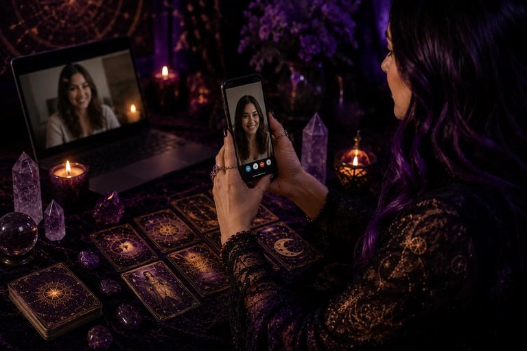 Cartas de tarot ao lado de celular em consulta de taróloga online por WhatsApp