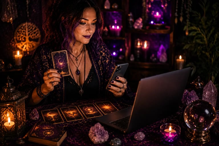 Cartas de tarot ao lado de smartphone em consulta tarot online por chat