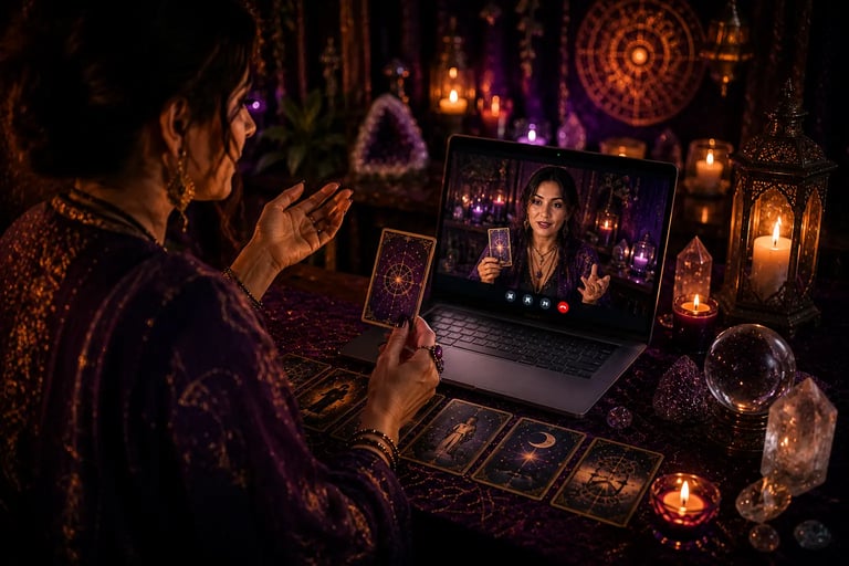 Tela exibindo atendimento esotérico em consulta tarot online por video chamada