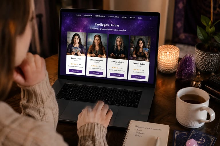 Navegação em página de perfil escolhendo tarólogas online em site esotérico