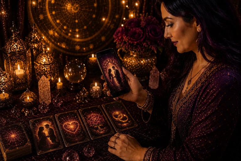 Taróloga online com cartas de tarot com foto de  alianças na mesa para leitura de tarot casamento