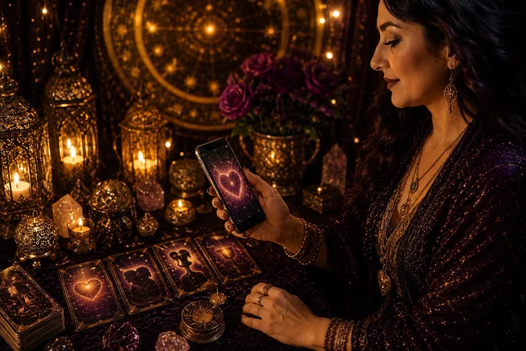 Celular exibindo taróloga online com carta para leitura tarot amor whatsapp.