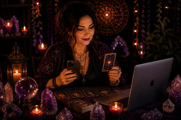 Mesa com baralho esotérico e celular para consulta de taróloga amor online whatsapp