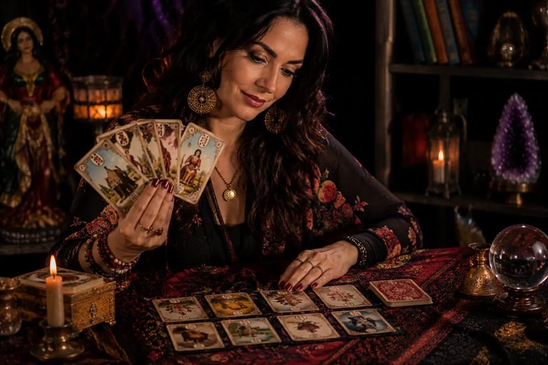 Cartas dispostas na mesa para jogo de taróloga cartomante baralho cigano