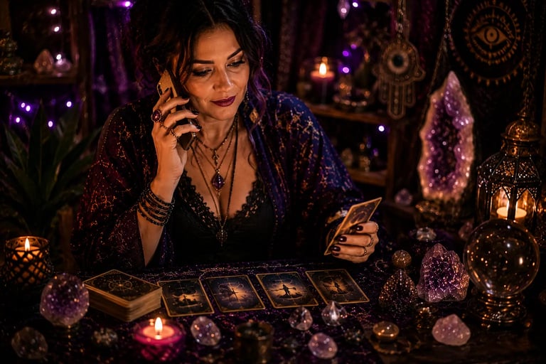 Cartas de tarot dispostas na mesa em consulta de taróloga consulta por telefone