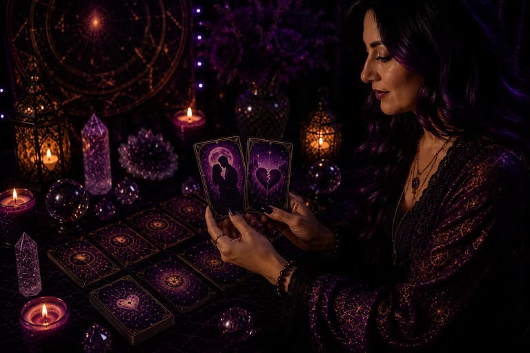 Jogo de cartas focado em taróloga consulta relacionamento em crise