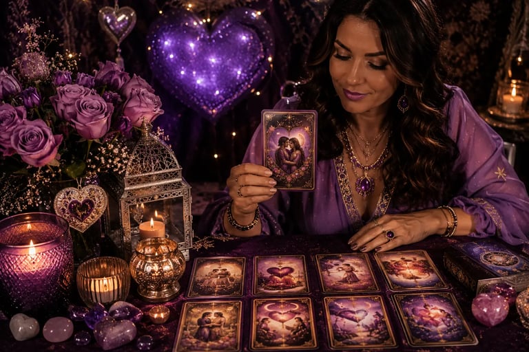 Mesa esotérica com cartas dispostas para consulta com taróloga do amor.