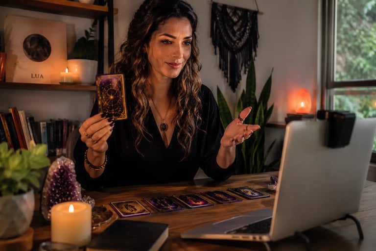 Cartas de tarot dispostas na mesa em atendimento de taróloga online consulta tarot