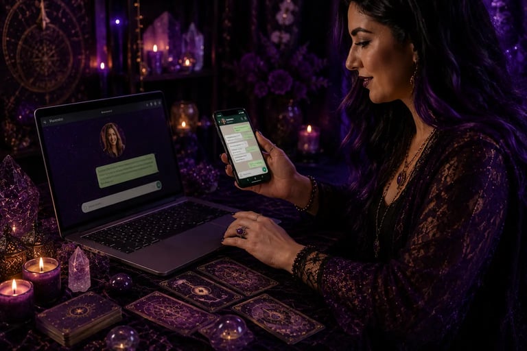 Mãos digitando em atendimento de taróloga online fazendo consulta via chat no WhatsApp