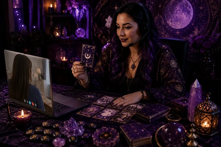 Taróloga online fazendo consulta virtual por videochamada com cartas de tarot