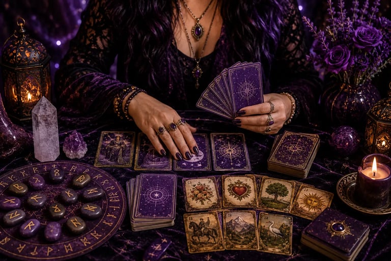 Mão de taróloga online organizando cartas de tarot, baralho cigano e runas