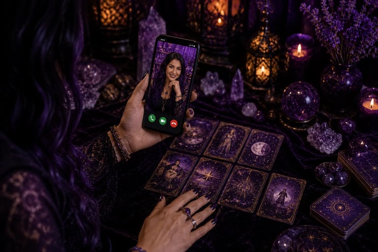 Mesa de atendimento com cartas de tarot e celular de taróloga online no WhatsApp