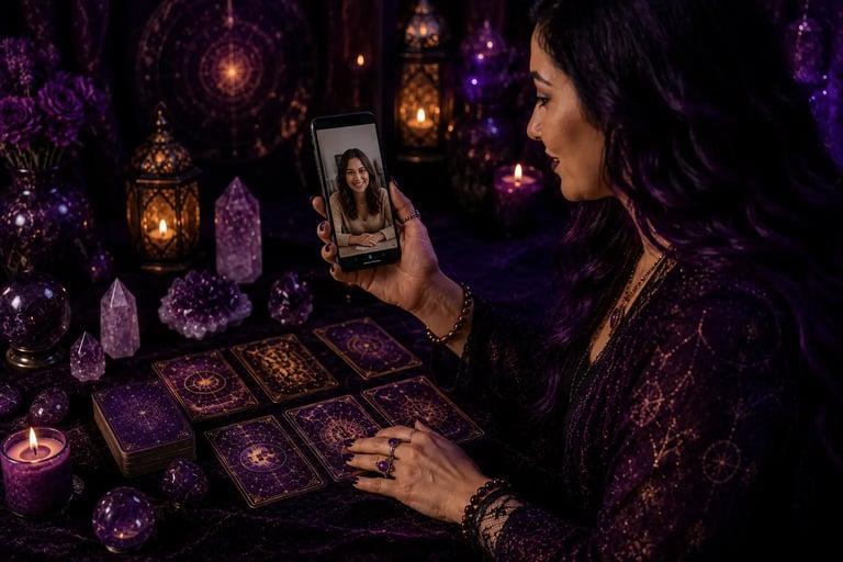 Mulher segurando smartphone na sala de estar enquanto realiza uma consulta com taróloga por whatsapp