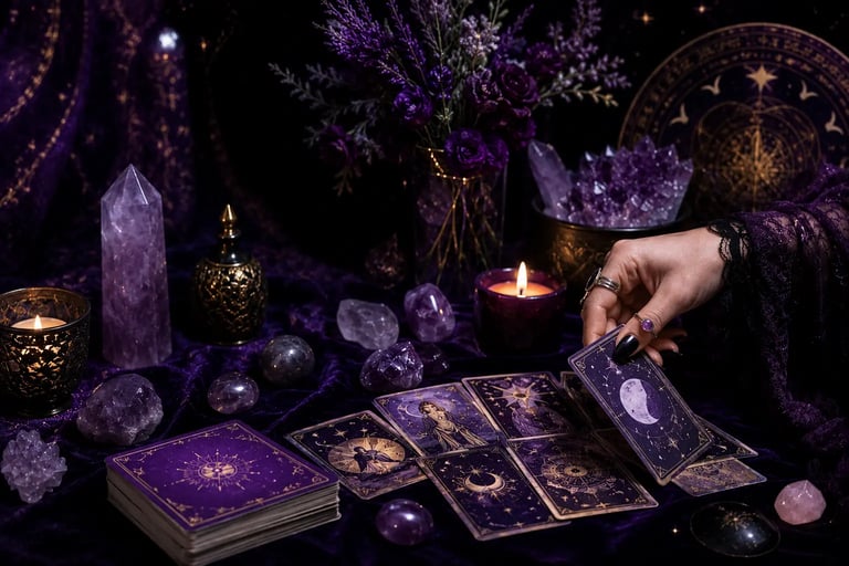 Mão de taróloga online segurando uma carta de tarot durante atendimento virtual.