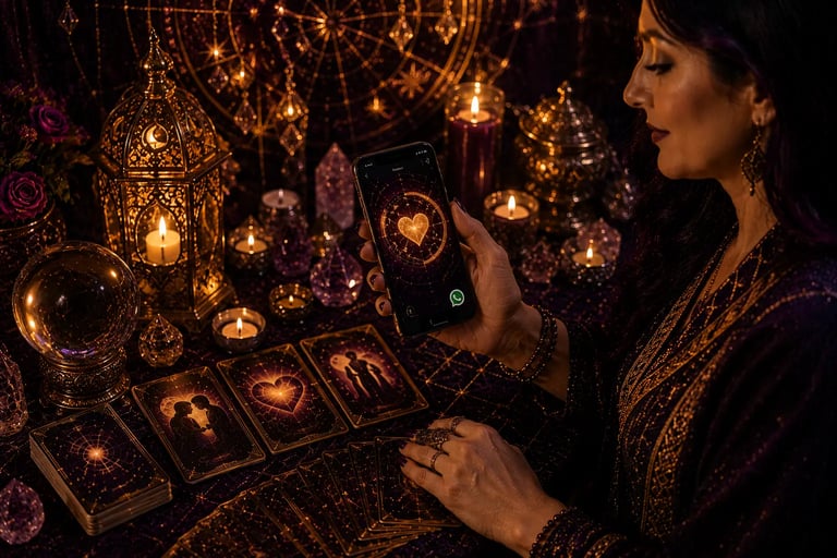 Mesa esotérica com cartas e celular em atendimento de tarot amor 24 horas whatsapp.